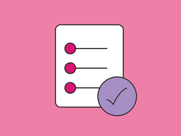 Task checklist icon with purple checkmark on pink background