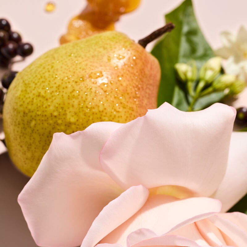 A juicy pear, rose petals, amber, jasmine and cassis bud appear together on a table.