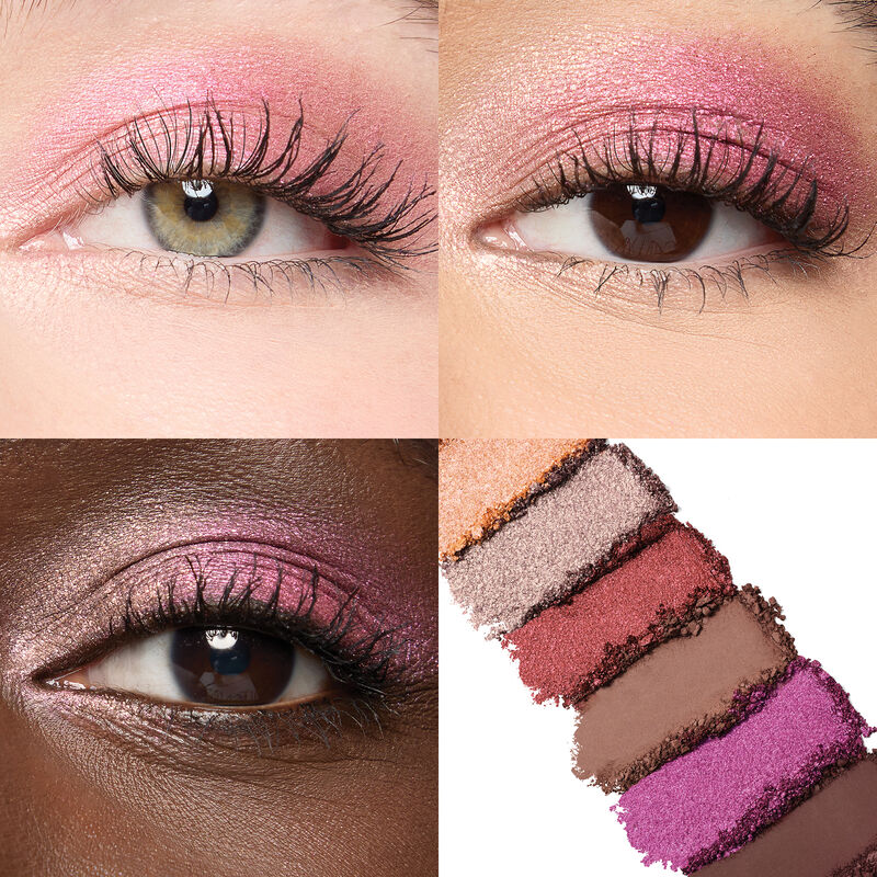 Collage of simple eye looks using Lilac Sparks and Pink Inferno from the limited-edition Mary Kay Eye Shadow Palette in Outer Glow on light, medium an