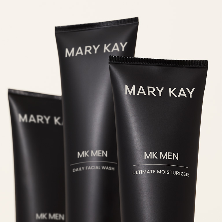 MKMen's line products: Ultimate Moisturizer, Facial Wash, and Shave Cream